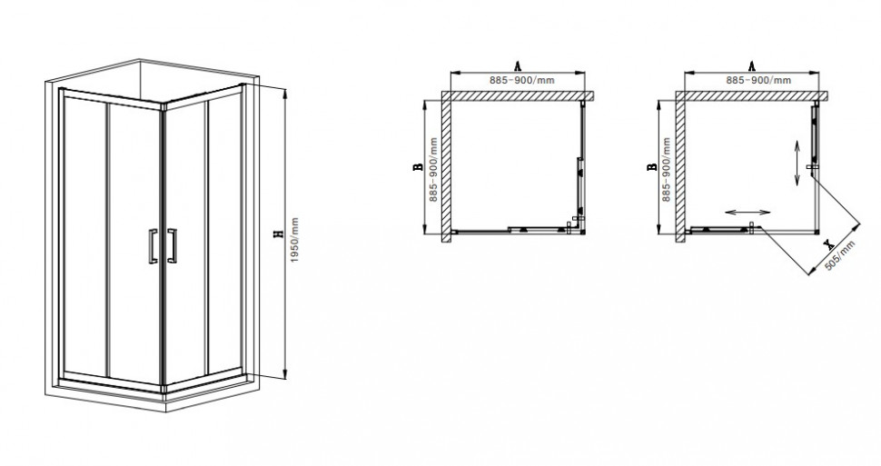 Душова кабіна без піддону MIXXUS PREMIUM DIVERSE SC02-90x90x195-TR BLACK прозоре скло 5мм (MI6862)