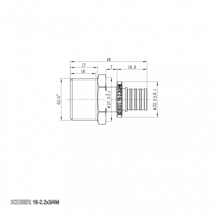 Перехідник з ЗР Koer KA.A08M-16 - 16(2.2mm) x 3/4"M (KR4850)