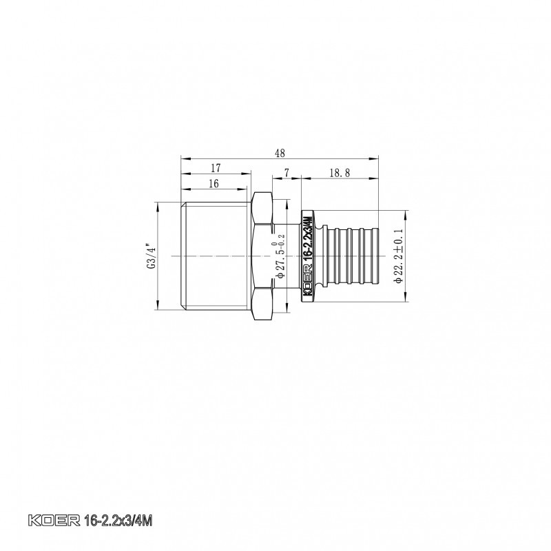 Перехідник з ЗР Koer KA.A08M-16 - 16(2.2mm) x 3/4"M (KR4850)