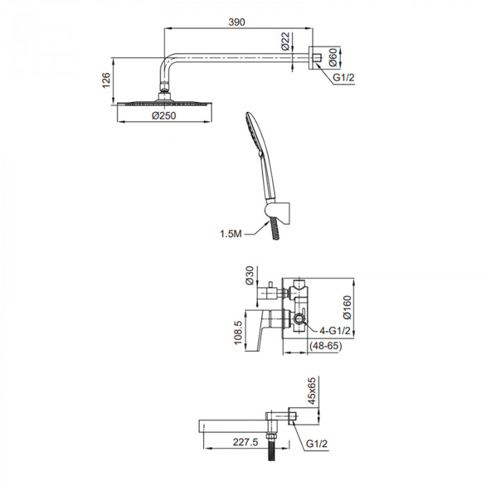 Вбудована душова система Koer KI-66016-02 (з нерж. сталі) (Колір нерж) (KR4792)