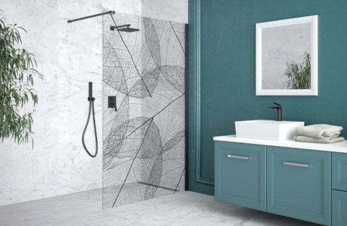 Кабіна walk in LEAFY 110x200 скло прозоре з візерунком, тримач чорний матовий 120 см