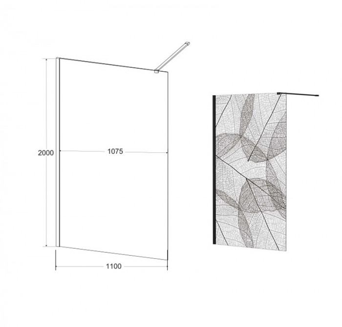 Кабіна walk in LEAFY 110x200 скло прозоре з візерунком, тримач чорний матовий 120 см