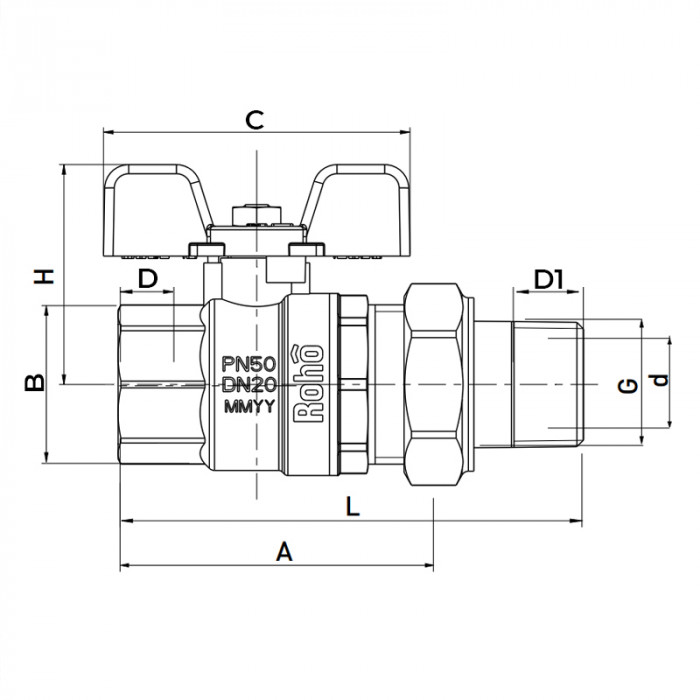 Кран з американкою Roho R105-100B - 1" прямий (RO0112)