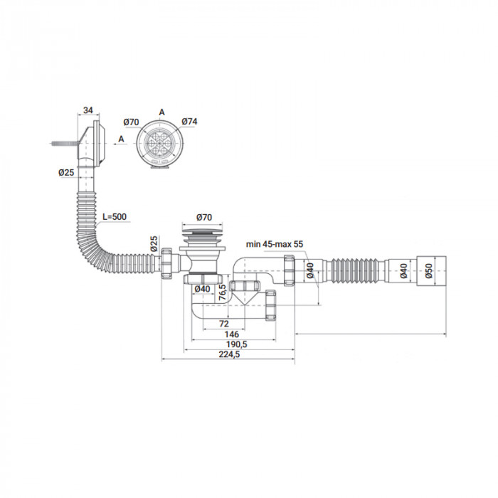 Сифон для ванни Zerix SV-02-C автоматичний (Click-Clack) з переливом, з ревізією (Колір білий) 1 1/2'' (ZX4961)