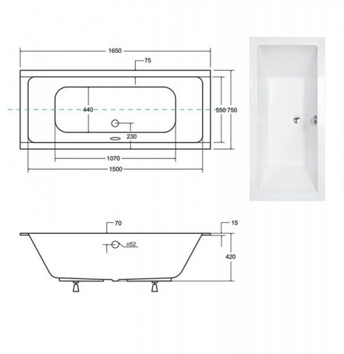 Ванна акрилова QUADRO SLIM 165х75 без ніг, БЕЗ отворів під ручки, без ручок