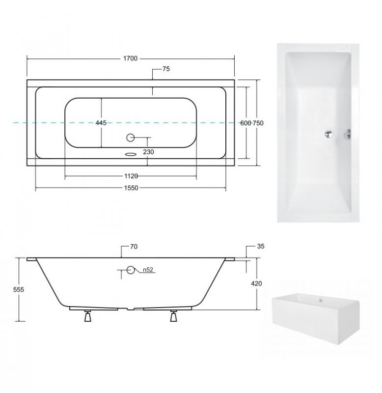 Ванна акрилова QUADRO SLIM 170х75 без ніг, БЕЗ отворів під ручки, без ручок
