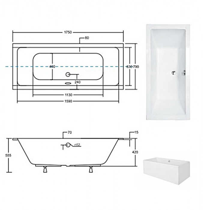 Ванна акрилова QUADRO SLIM 175х80 без ніг, БЕЗ отворів під ручки, без ручок