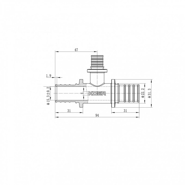 Трійник перехідний Koer KA.T25-16-25 - 25(3.5mm) x 16(2.2mm) x 25(3.5mm) (KR4890)