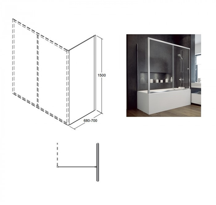Панель на ванну бокова BESCO DUO SLIDE II 70x150 скло прозоре, профіль хромований