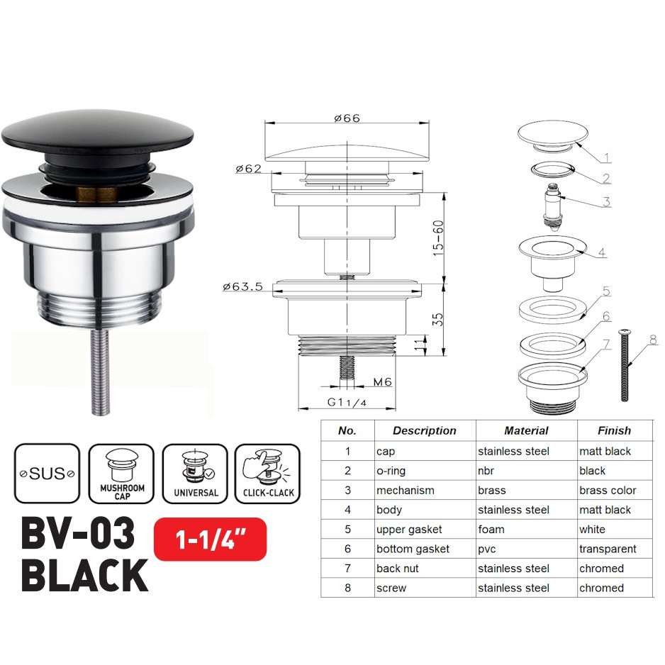 Донний клапан для раковини універсальний (з/без переливу) ZERIX BV-03 BLACK автоматичний (Click-Clack) (Колір чорний) 1 1/4'' (ZX6020)