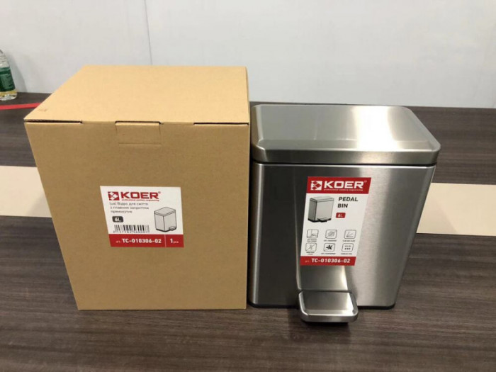 Відро для сміття з плавним закриттям прямокутне Koer TC-010306-02 6 л колір нержавійка (KR5600)