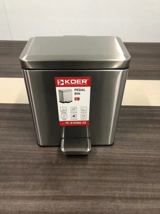 Відро для сміття з плавним закриттям прямокутне Koer TC-010306-02 6 л колір нержавійка (KR5600)