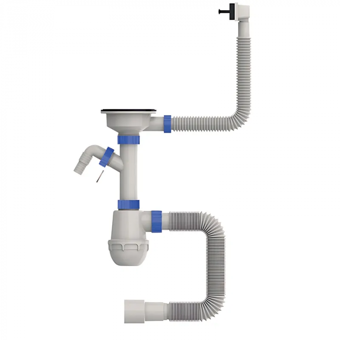 Сифон для кухні Mixxus SK-05-BL 3 1/2"x40 з пластиковою сіткою, відведенням для пральної машини, гнучким прямок. переливом (MI8192)