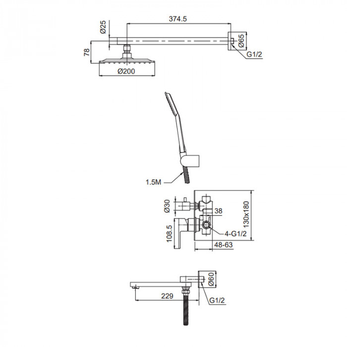 Вбудована душова система Koer KI-66015-02 (з нерж. сталі) (Колір нерж) (KR4785)