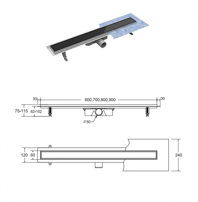 Лінійний душовий трап Virgo Black 80