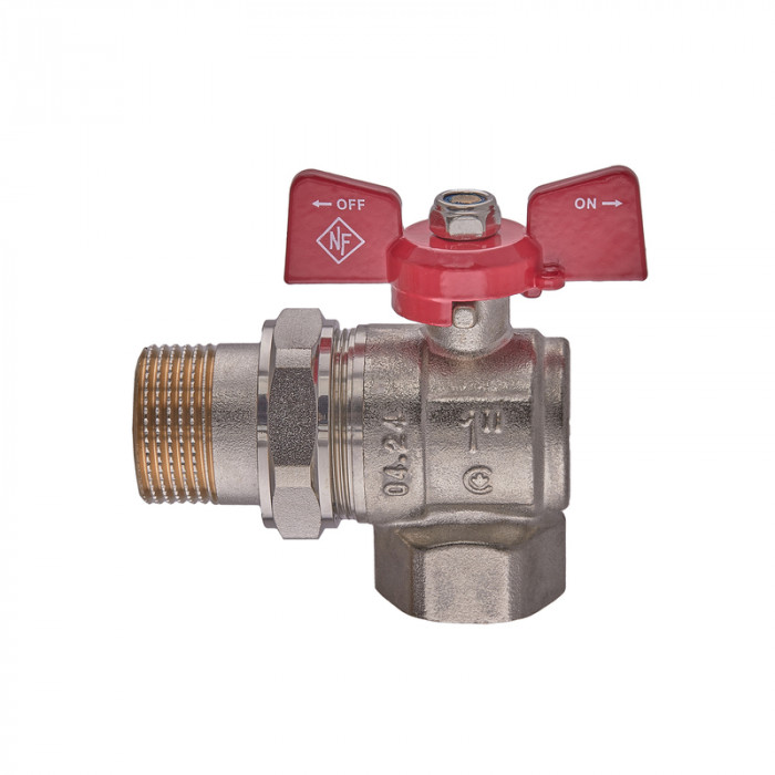 Кран кульовий з американкою Nolf classic NFC.941-10-1" FM кутовий, ГШМ ручка "метелик" червона (NF3157)