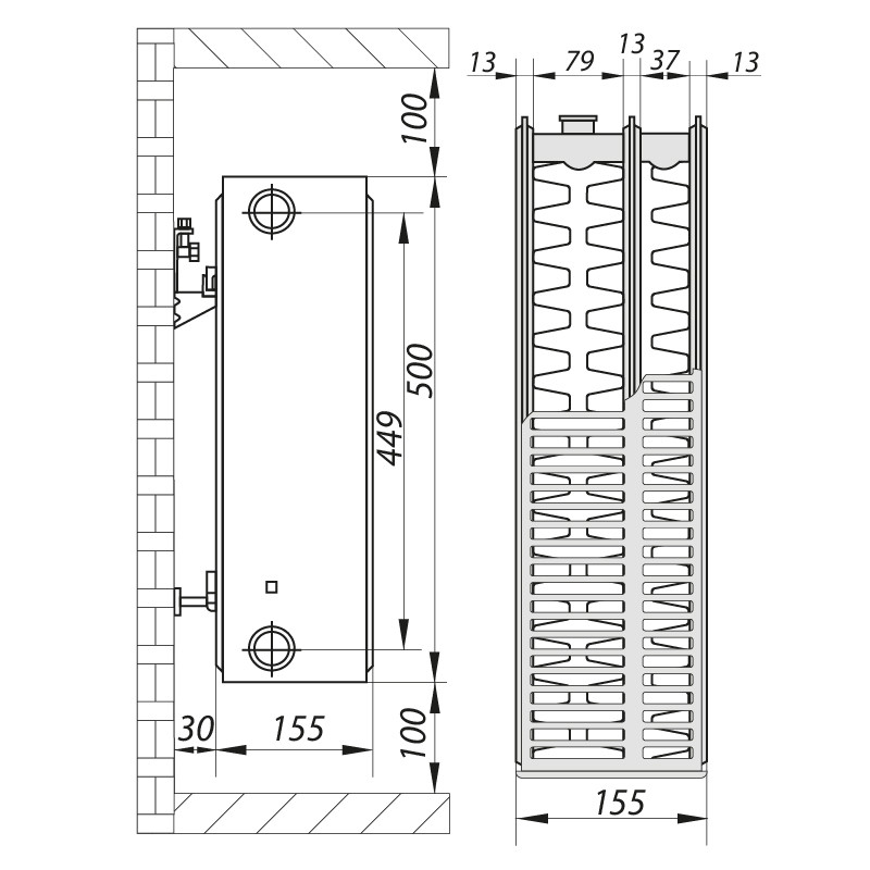 Сталевий радіатор KOER 33x500x800S (2218 Вт, 35,12 кг, бокове підключення) (RAD120)