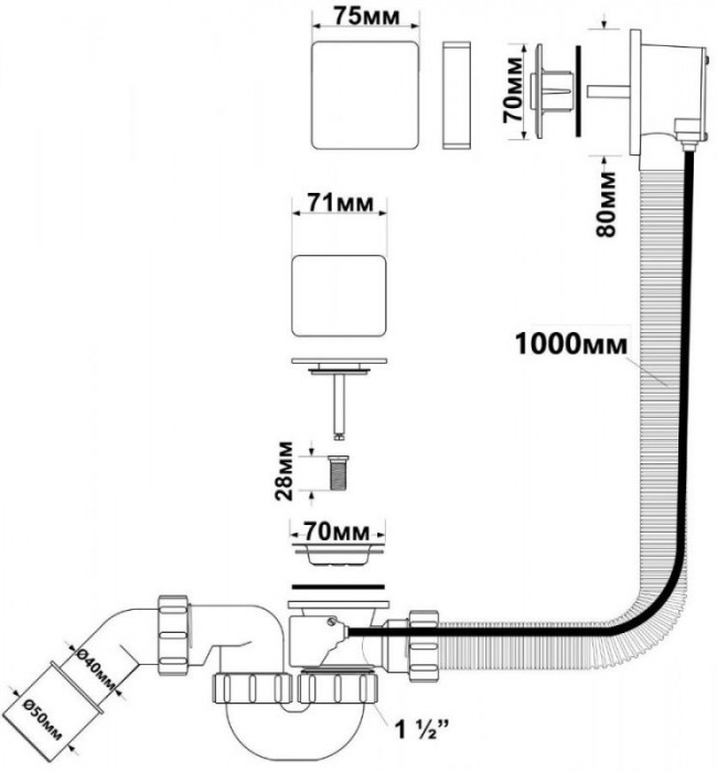 Сифон для ванни (автомат) 40/50 HC31SQ-CBS1-1M квадратний (хромований)