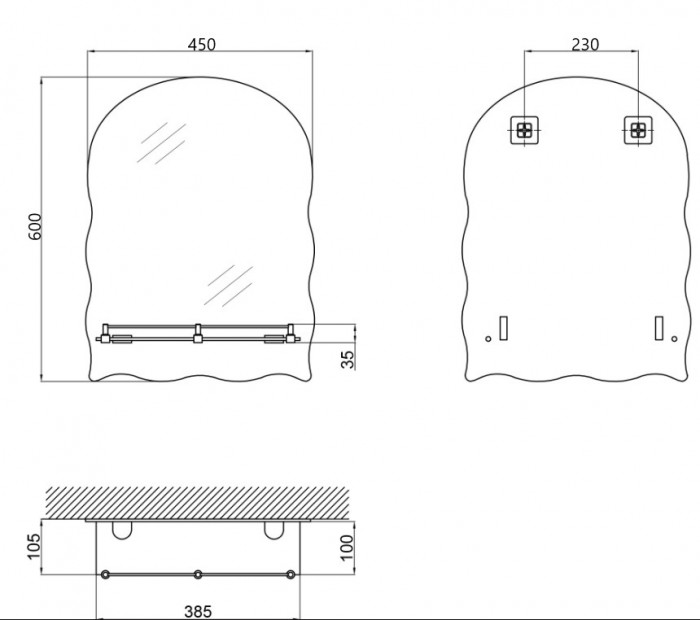 Дзеркало настінне Zerix MIRRA MRZ02-45x60x10 прямокутне з дугоподібним верxом, фігурними боками та полицею (ZX5619)