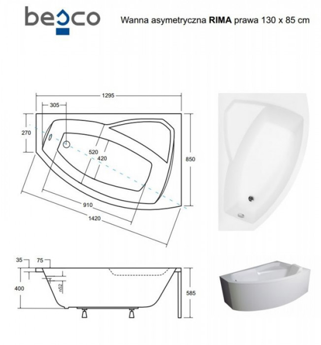 Ванна акрилова RIMA 130х85 Права (соло) без ніг