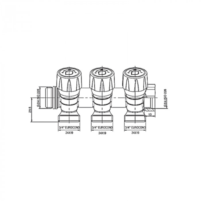 Колектор з регулюючими вентилями на 3 вих. Roho R809-03 - 3/4"x3/4" EK (RO0250)