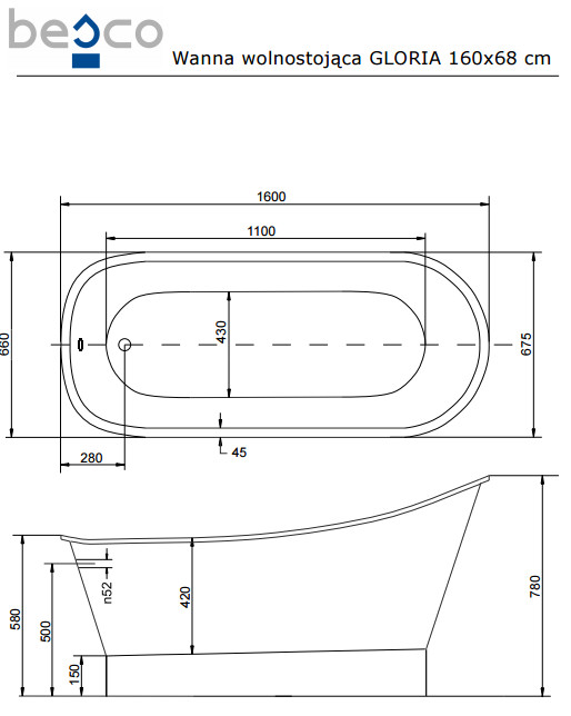 Ванна GLORIA NOVA ретро 160х68 з сифоном клік-клак / без переливу