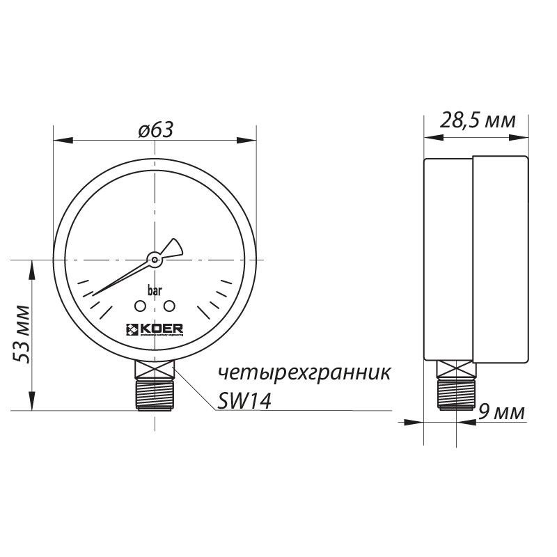 Манометр радіальний (KOER KM.610R) (0-10 bar), D 63мм, 1/4'' (KR0205)