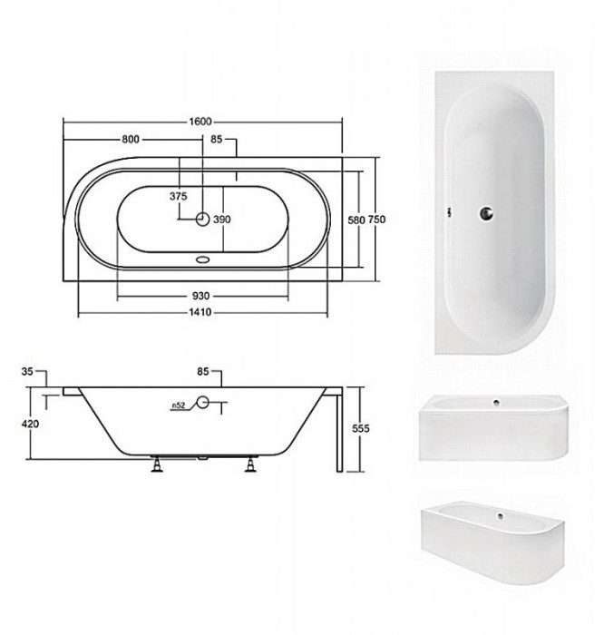 Ванна акрилова AVITA 160х75 Права (соло) без ніг