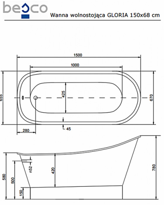 Ванна GLORIA ретро 150х66 з сифоном клік-клак