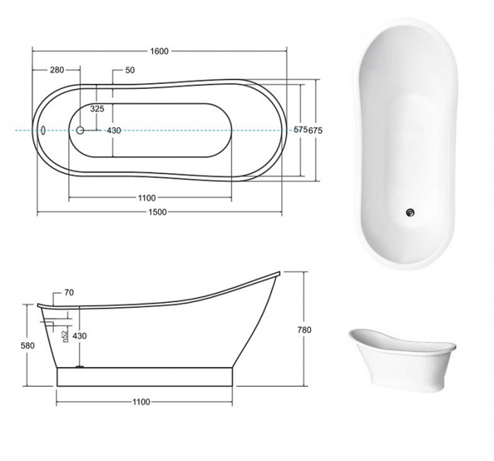Ванна GLORIA GLAM золота 160х68 з сифоном клік-клак