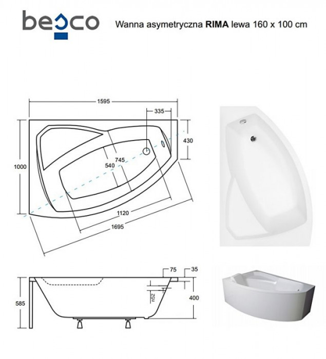 Ванна акрилова RIMA 160х100 Ліва (соло) без ніг