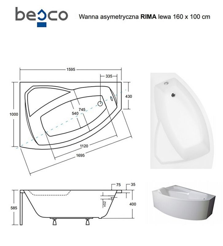 Ванна акриловая RIMA 160х100 Левая (соло) без ног
