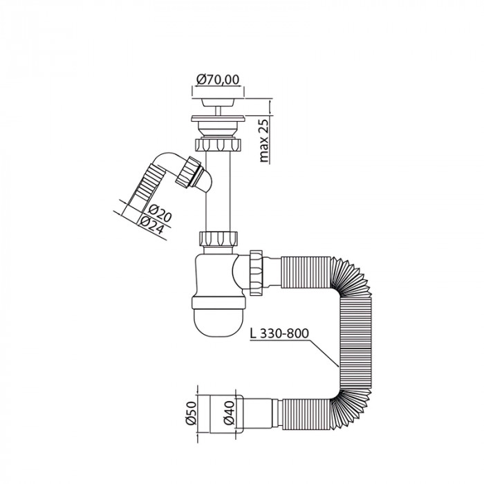 Сифон для умивальника Mixxus SU-02-B 1 1/2"x40 з литим випуском та відводом для пральної машини (MI8185)
