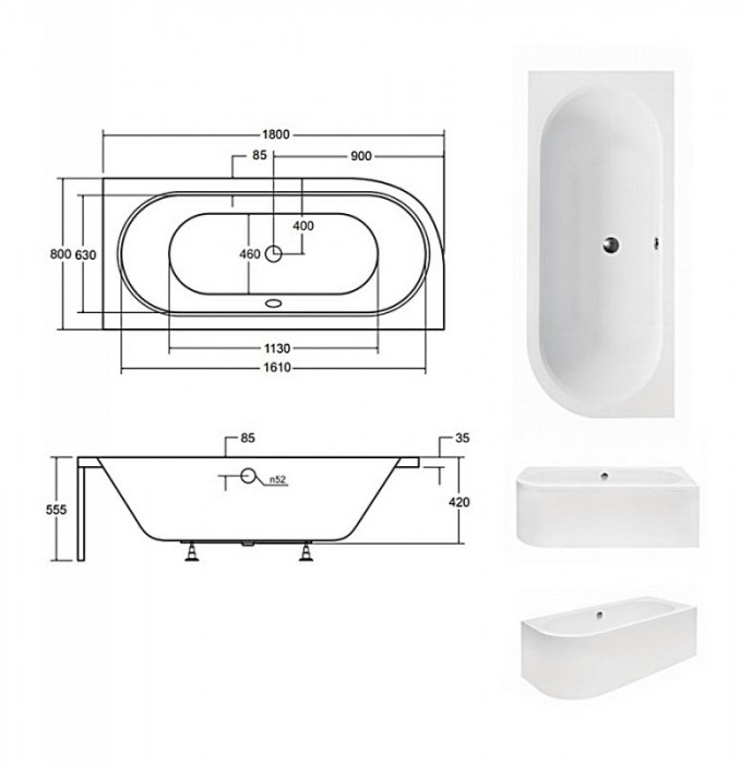 Ванна акрилова AVITA 180х80 Права (соло) без ніг
