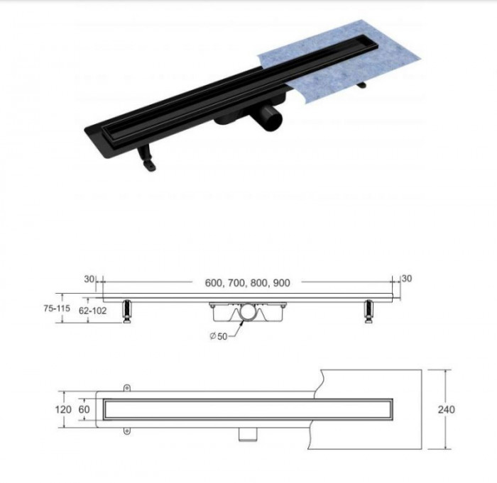Лінійний душовий трап Virgo Nero Duo 80