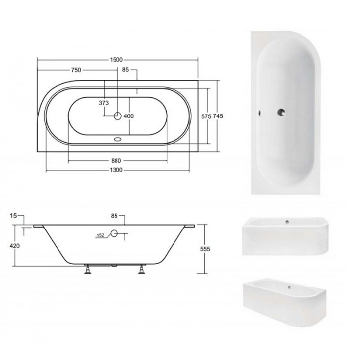 Ванна акрилова AVITA SLIM 150х75 Ліва (соло) без ніг