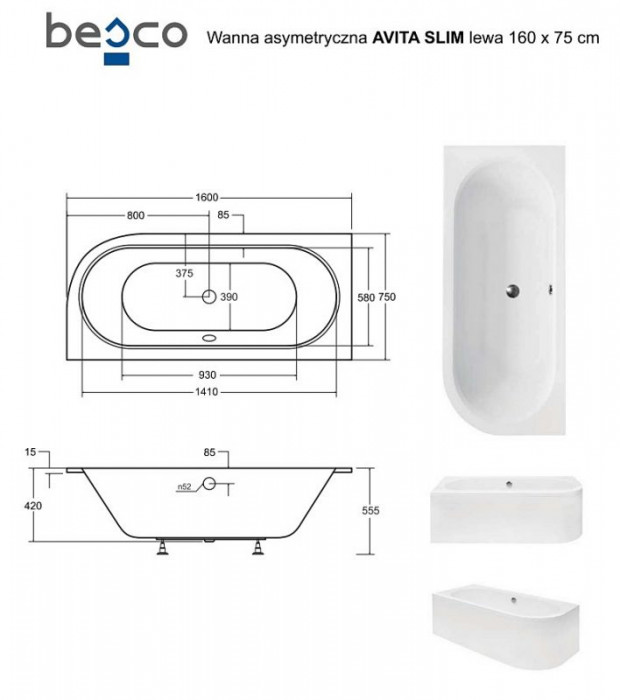 Ванна акрилова AVITA SLIM 160х75 Ліва (соло) без ніг