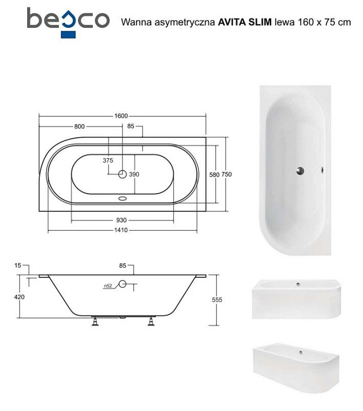 Ванна акриловая AVITA SLIM 160х75 Левая (соло) без ног