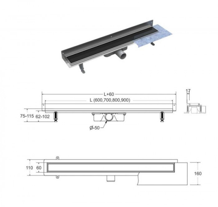 Лінійний душовий трап Virgo Next Black 60
