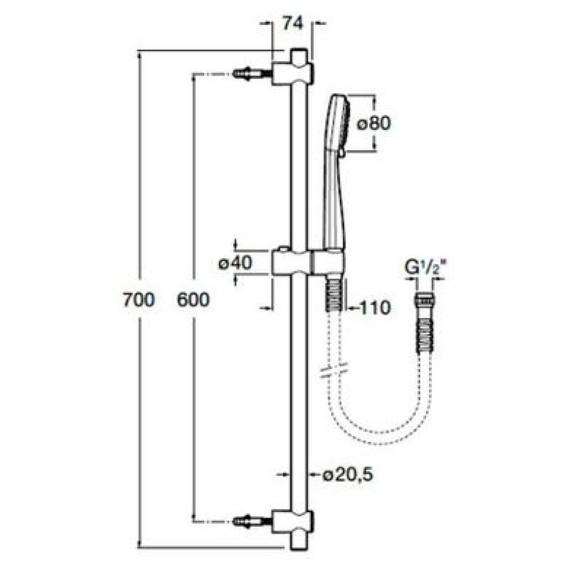 Душевой набор ROCA Stella со стойкой h700, воронкой + шланг, хром A5B1403C00