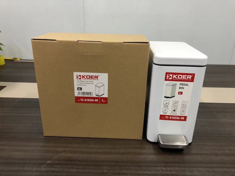 Відро для сміття з плавним закриттям прямокутне KOER TC-010206-08 6 л (колір білий) (KR5595)