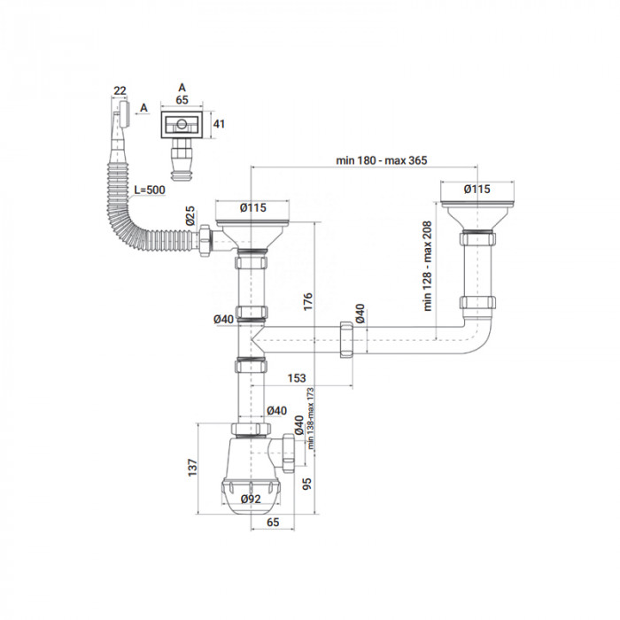 Сифон для кухні ZERIX SK-03-A 3 1/2"x40 з двома різьб. випусками та відведенням для пральної машини (ZX4955)
