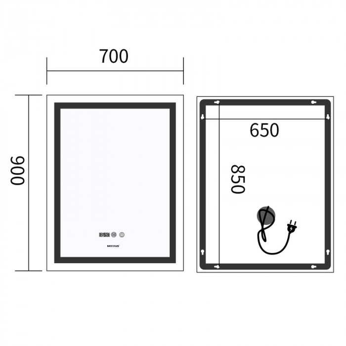 Дзеркало Mixxus Premium FLASH MR21-70x90 з Led Touch, Anti-fog, димером, регулятором яскравості, годинником (MP6618)