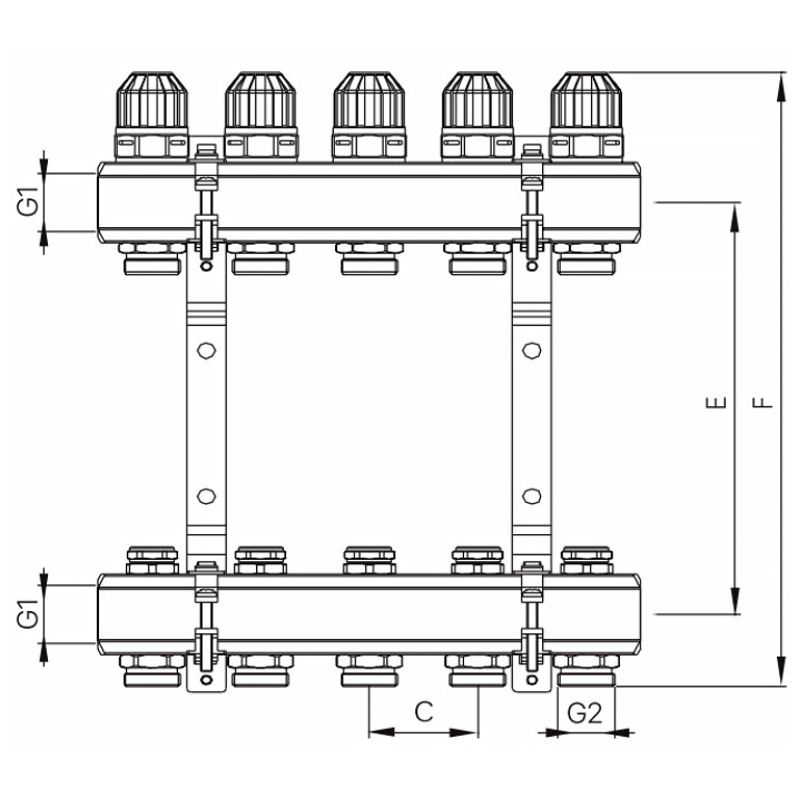 Колекторний блок з термостатичними клапанами Koer KR.1100-06 1"x6 ways (KR2632)