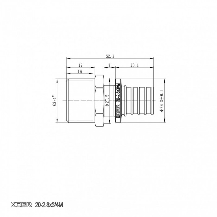 Перехідник із ЗР Koer KA.A08M-20 - 20(2.8mm) x 3/4"M (KR4852)