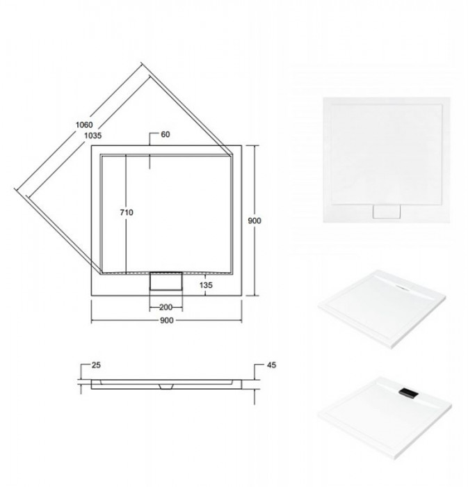 Піддон квадратний AXIM 90х90 stone effect чорний + сифон