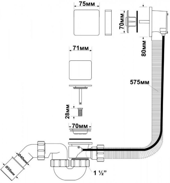 Сифон для ванни автомат 40/50 HC31SQ-CBS1 преміум квадратний (хромований)