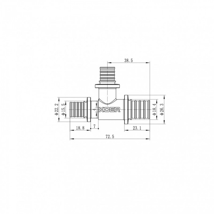 Трійник перехідний Koer KA.T20-16-16 - 20(2.8mm) x 16(2.2mm) x 16(2.2mm) (KR4887)