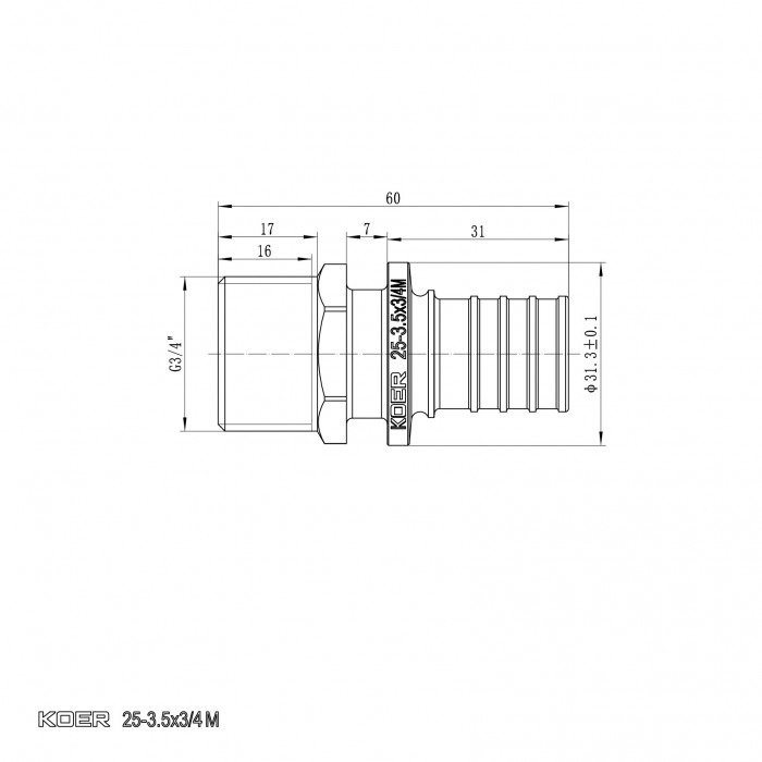 Перехідник з ЗР Koer KA.A08M-25 - 25(3.5mm) x 3/4"M (KR4853)