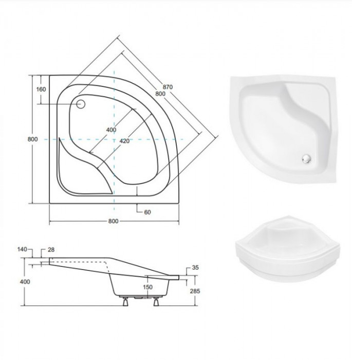 Піддон півкруглий OLIVER 80Х80Х15/25 + ноги